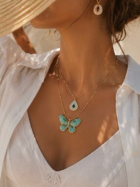 Turquoise Butterfly Layered Necklace Boho Charm Pendant Necklace Summer Jewelry